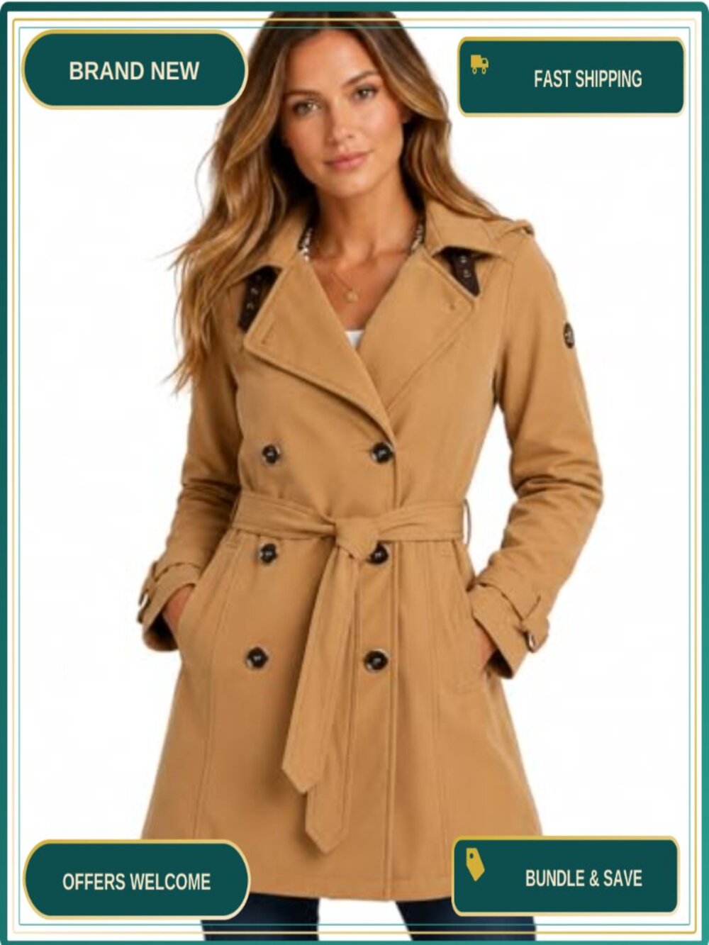 Womens Softshell Trench Coat with Hood and Belt, Fleece Lined, Classic Fit